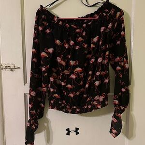bebe Black Off-Shoulder Flamingo Print Blouse